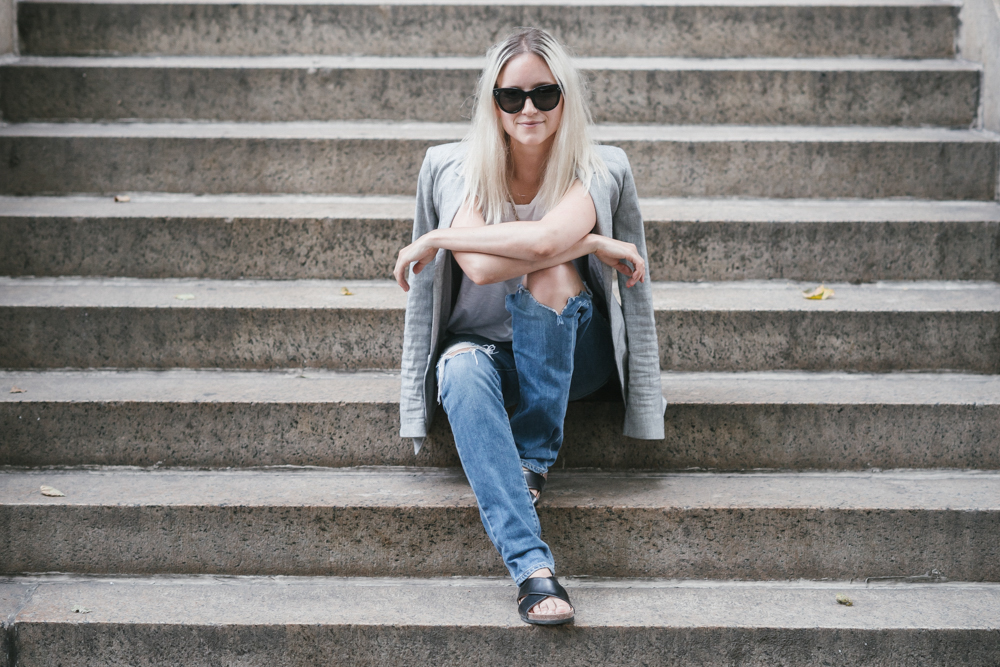 Draped jacket and jeans