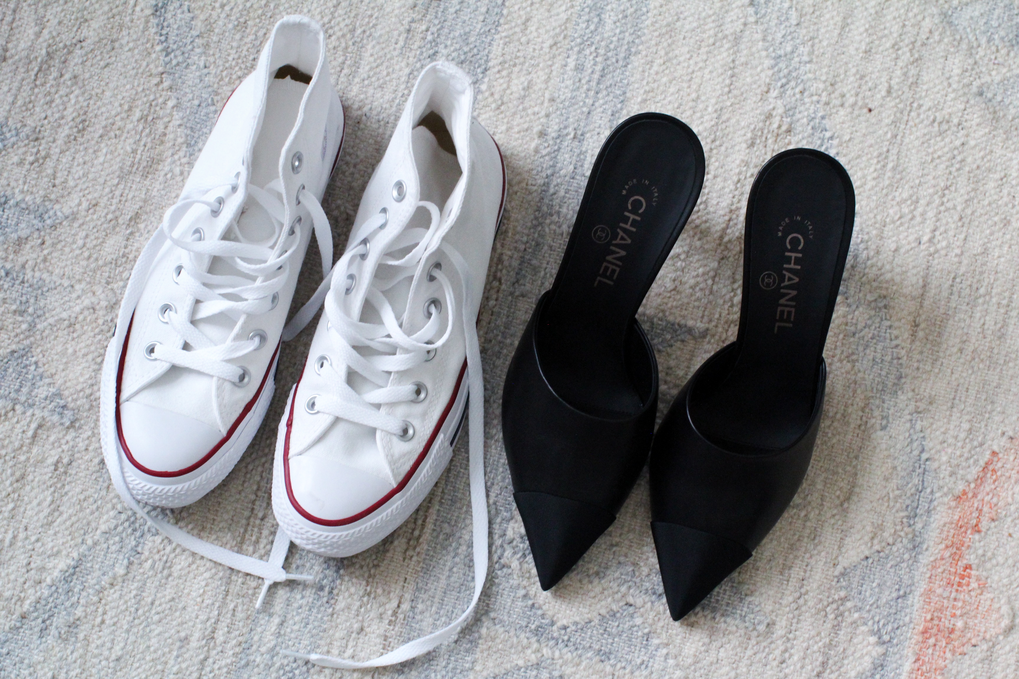 White Converse chucks Chanel mules black