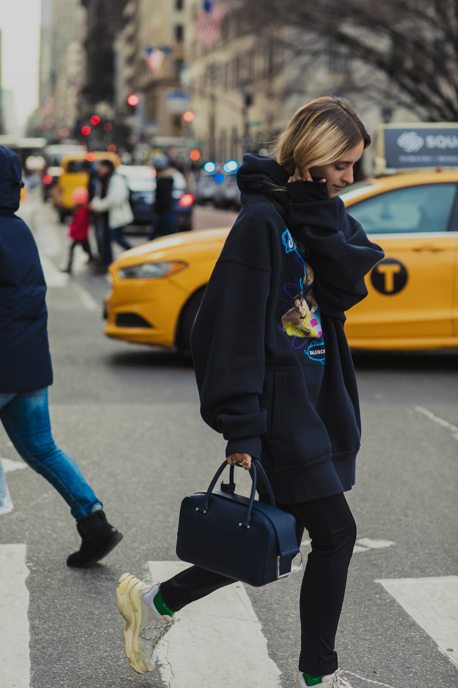 Charlotte Groeneveld in New York wearing Balenciaga and a Delvaux bag